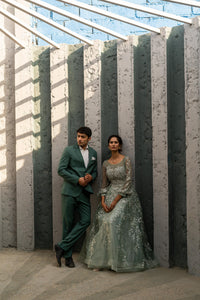 Pastel Sage Green Embroidered Net Gown with Sheer Sleeves!