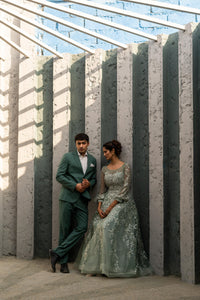 Pastel Sage Green Embroidered Net Gown with Sheer Sleeves!
