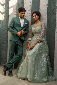 Pastel Sage Green Embroidered Net Gown with Sheer Sleeves!