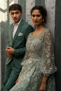 Pastel Sage Green Embroidered Net Gown with Sheer Sleeves!