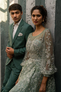 Pastel Sage Green Embroidered Net Gown with Sheer Sleeves!