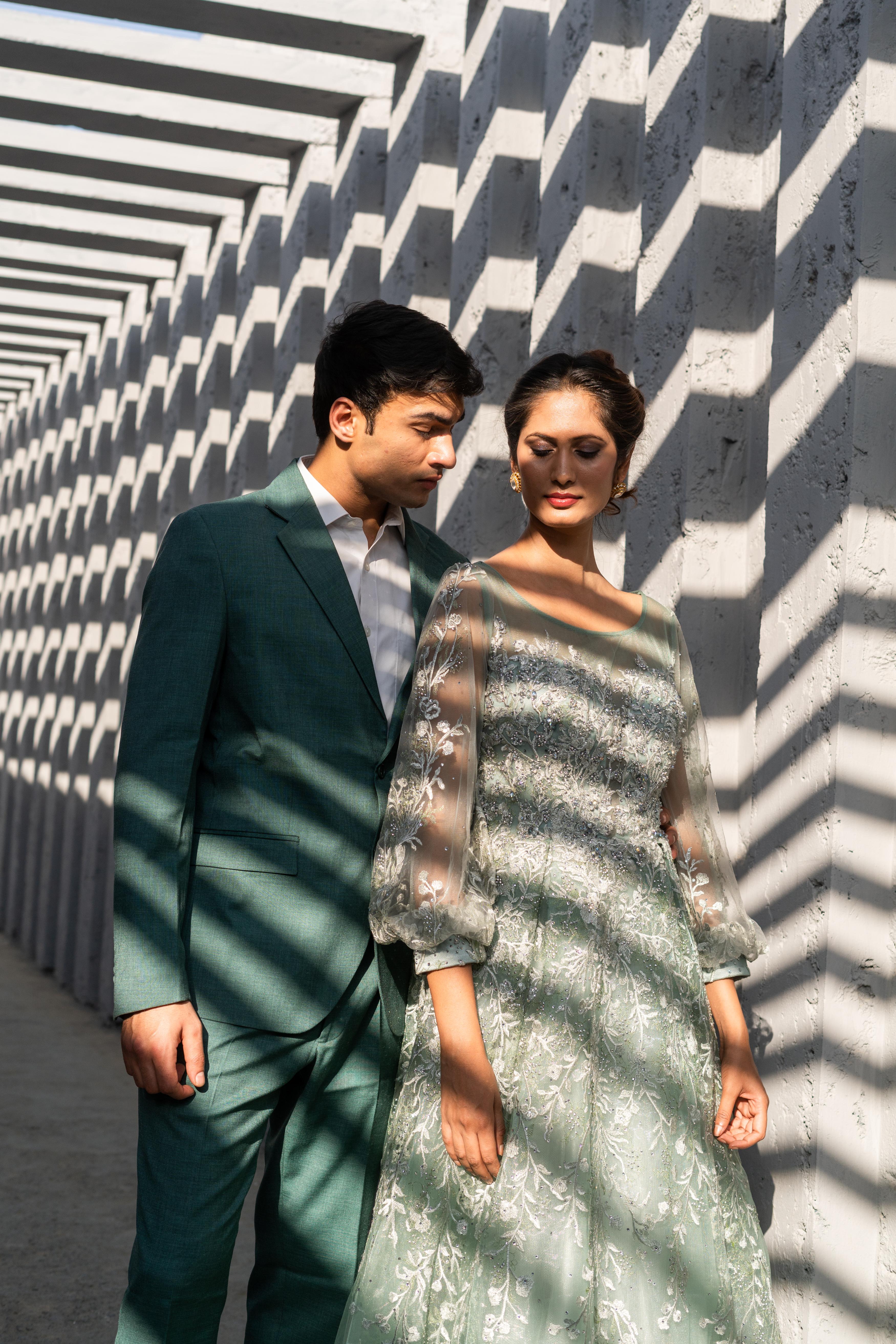 Pastel Sage Green Embroidered Net Gown with Sheer Sleeves!