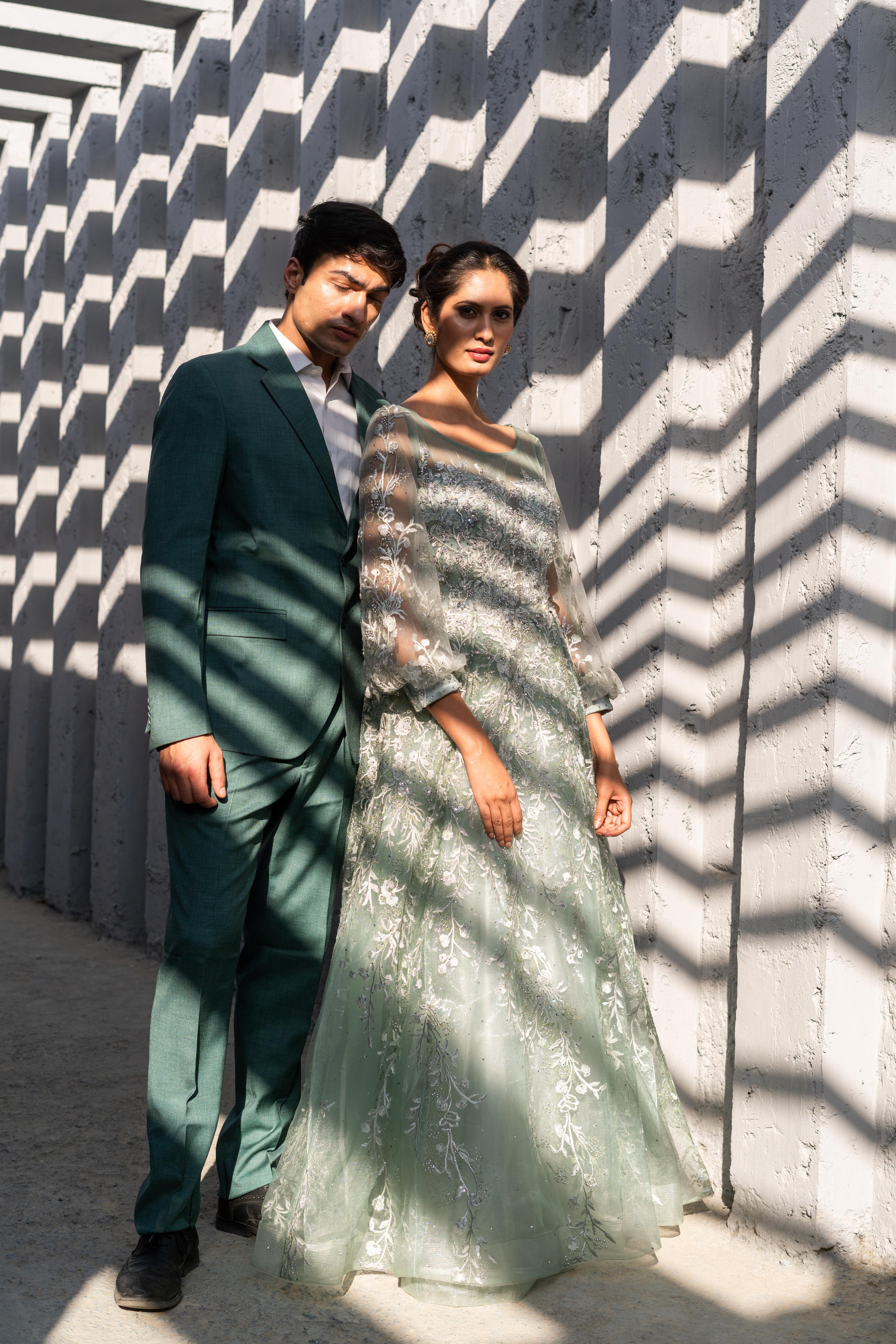 Pastel Sage Green Embroidered Net Gown with Sheer Sleeves!