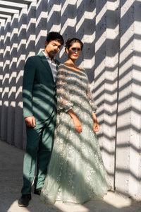 Pastel Sage Green Embroidered Net Gown with Sheer Sleeves!