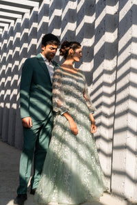Pastel Sage Green Embroidered Net Gown with Sheer Sleeves!