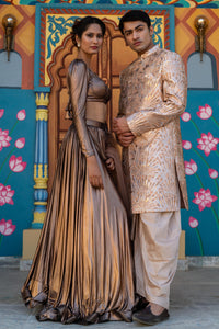 Regal Gold Embroidered Sherwani with Cream Gold Churidar!