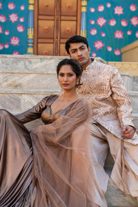 Regal Gold Embroidered Sherwani with Cream Gold Churidar!
