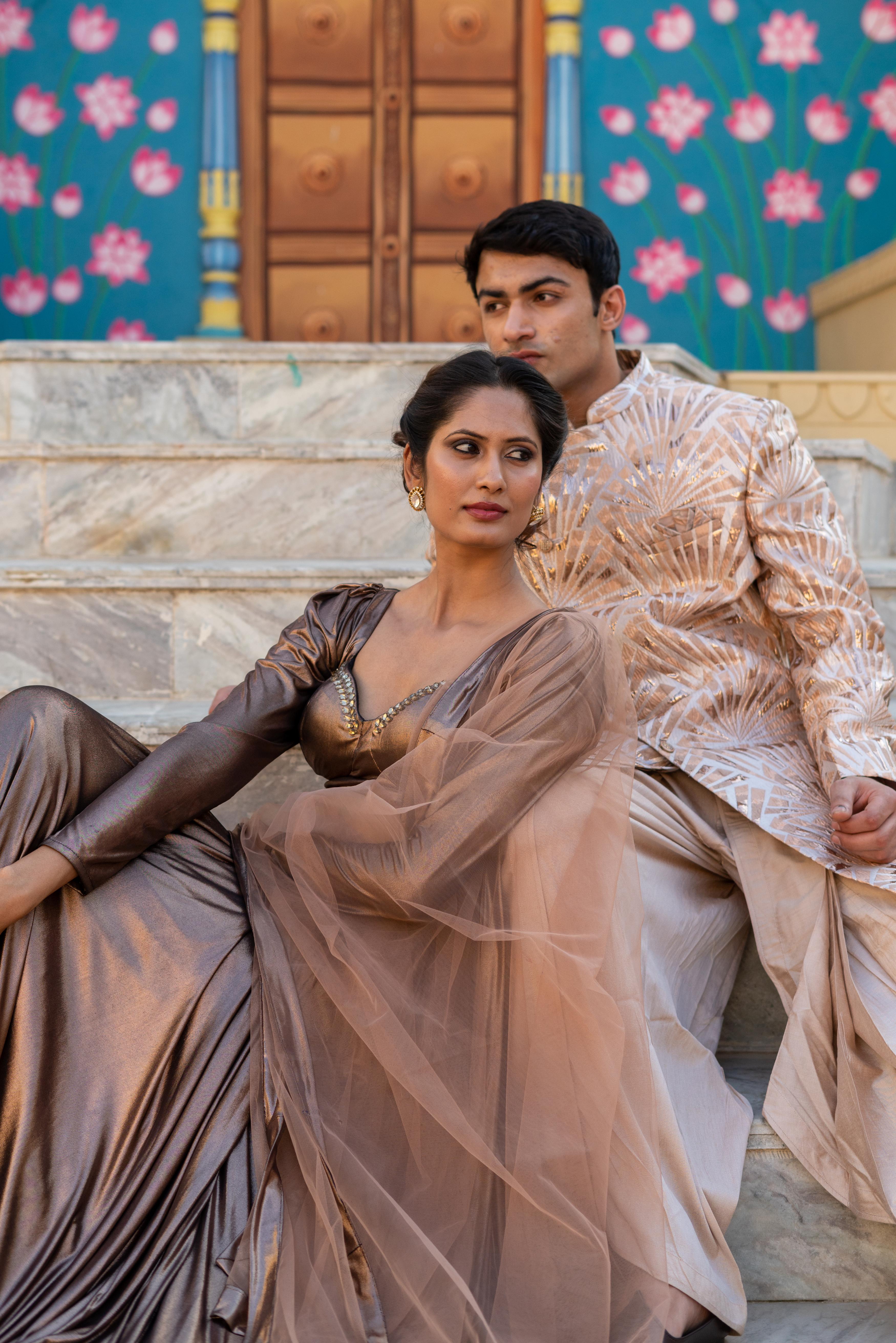 Regal Gold Embroidered Sherwani with Cream Gold Churidar!