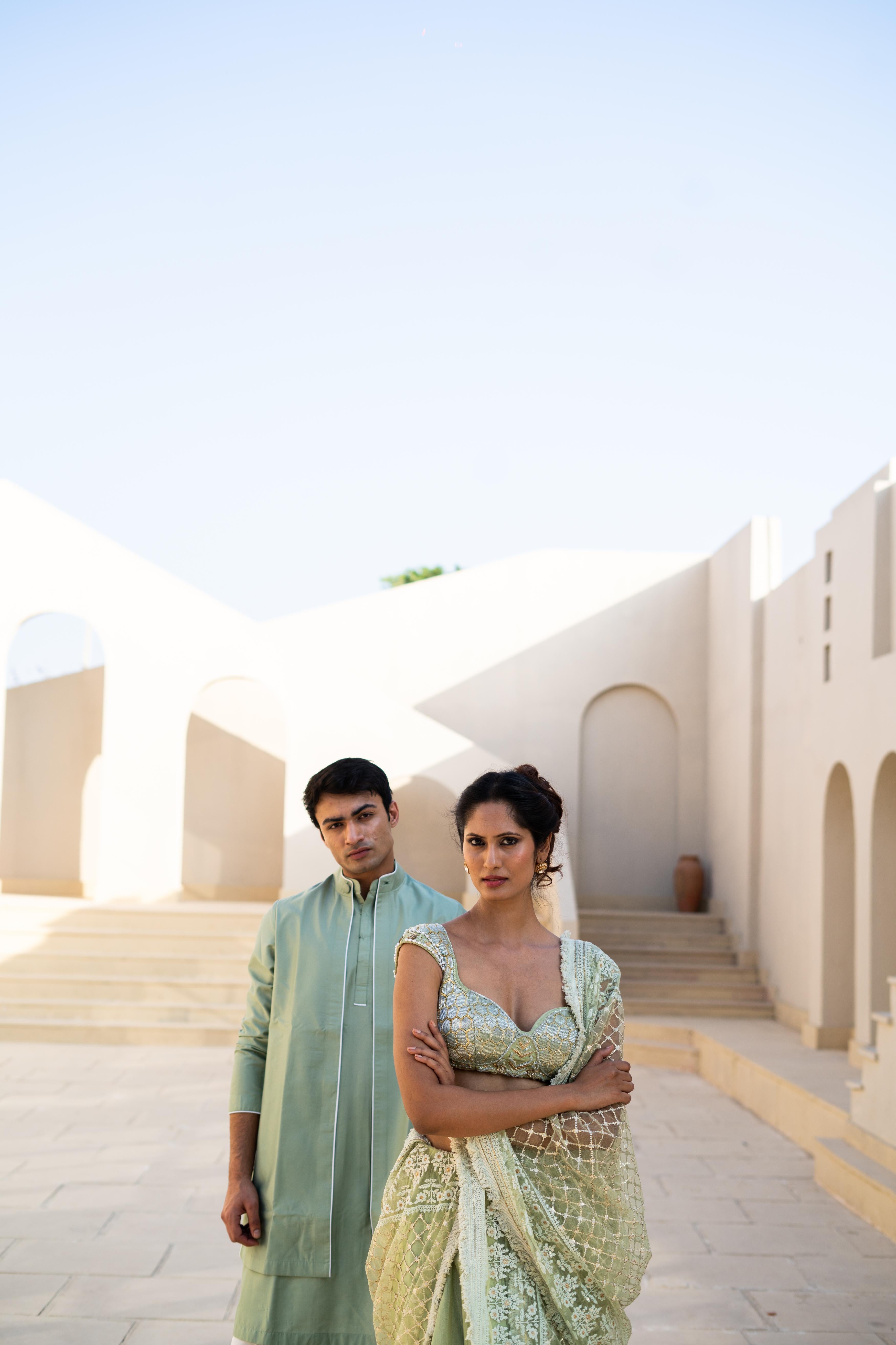 Pastel Green Silk Kurta Set with Bandhgala Collar!