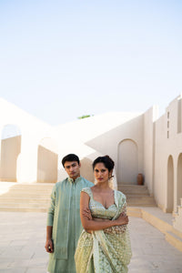 Pastel Green Silk Kurta Set with Bandhgala Collar!