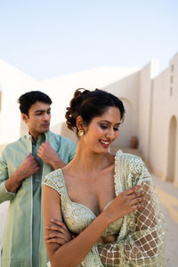 Pastel Green Designer Lehenga Set with Embroidered Blouse & Dupatta !