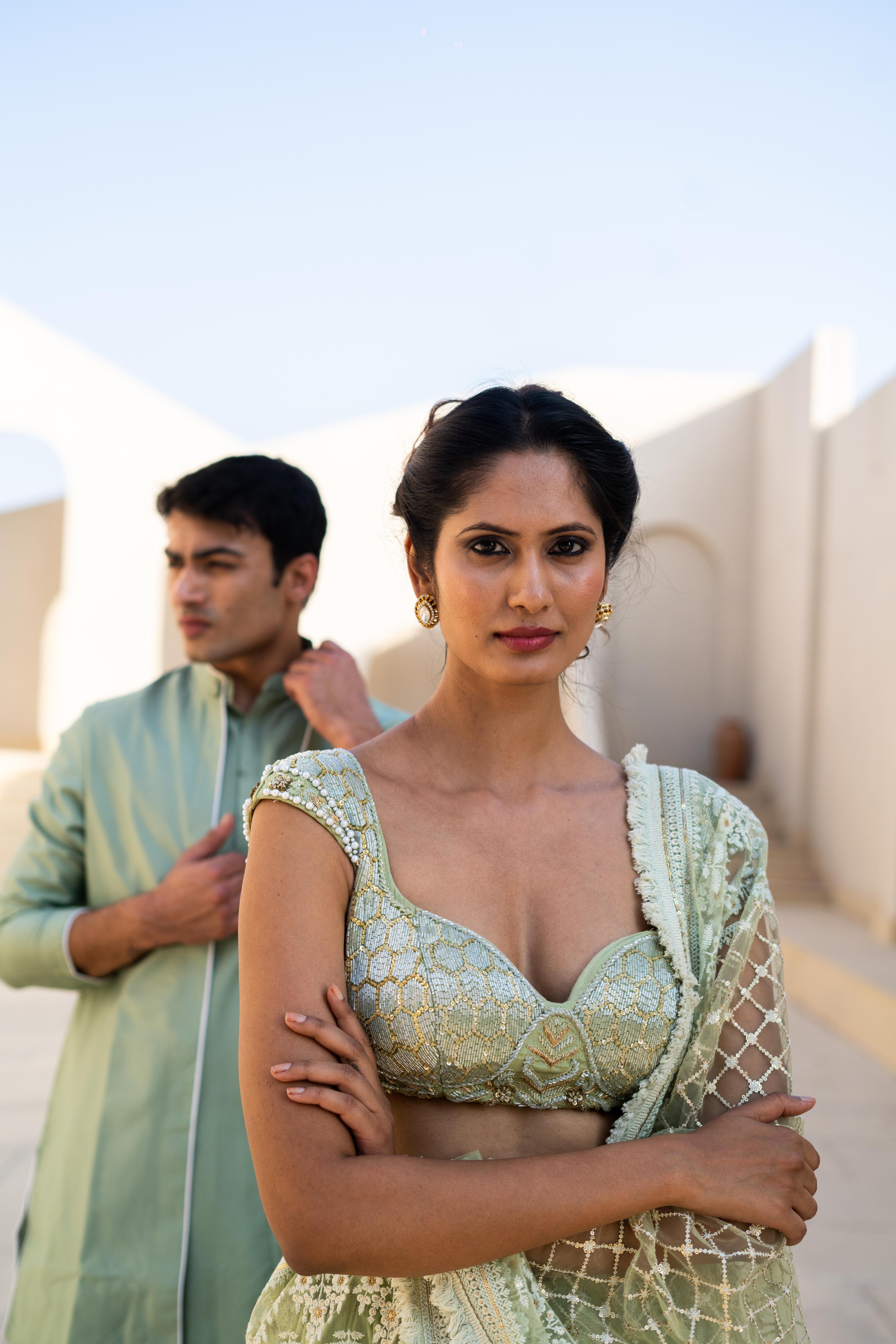 Pastel Green Silk Kurta Set with Bandhgala Collar!