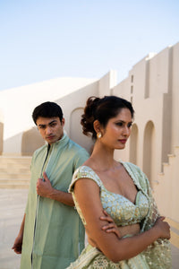 Pastel Green Silk Kurta Set with Bandhgala Collar!