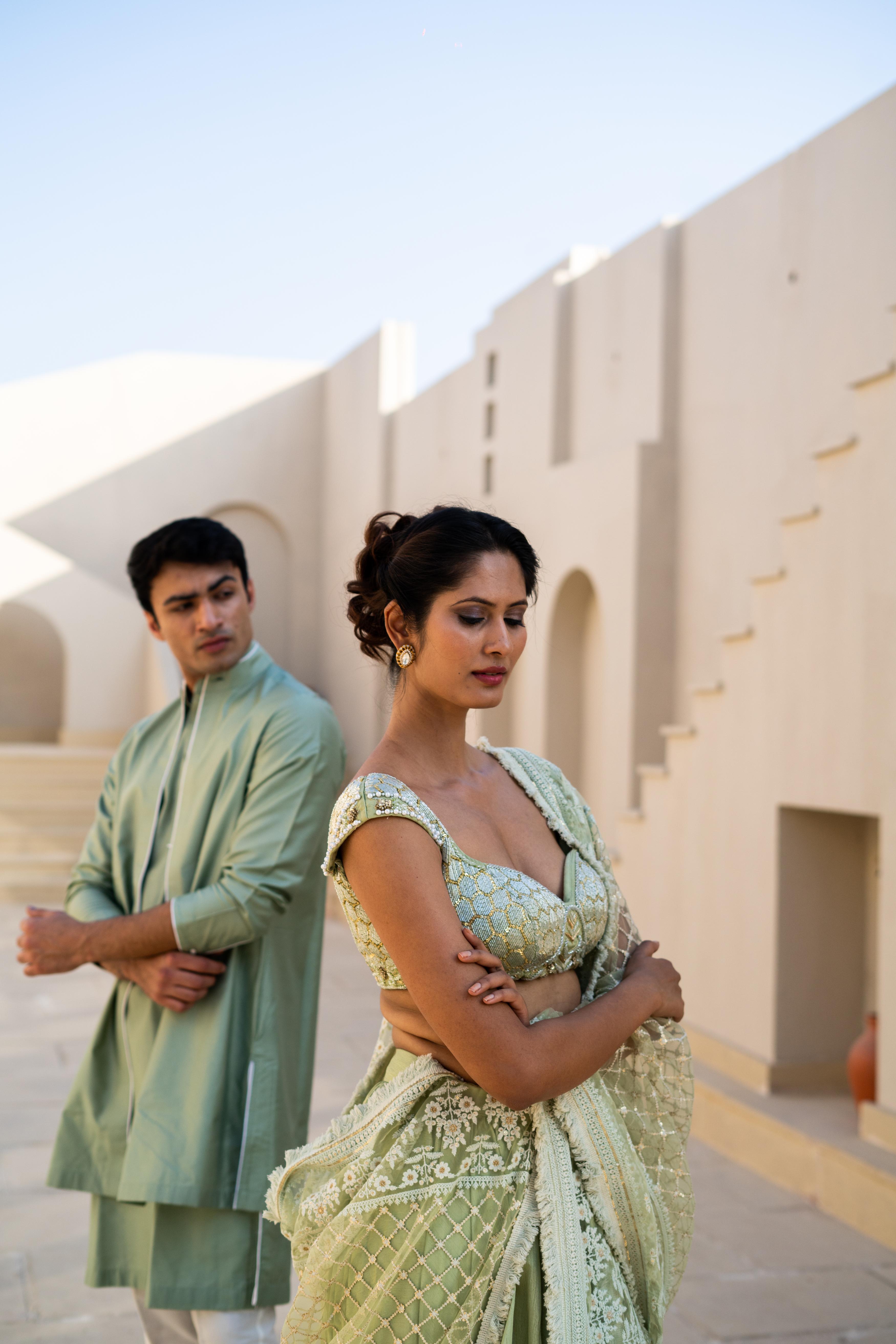 Pastel Green Silk Kurta Set with Bandhgala Collar!