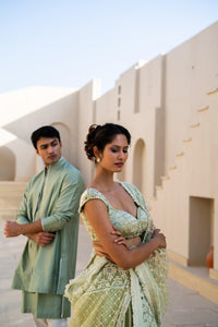 Pastel Green Silk Kurta Set with Bandhgala Collar!