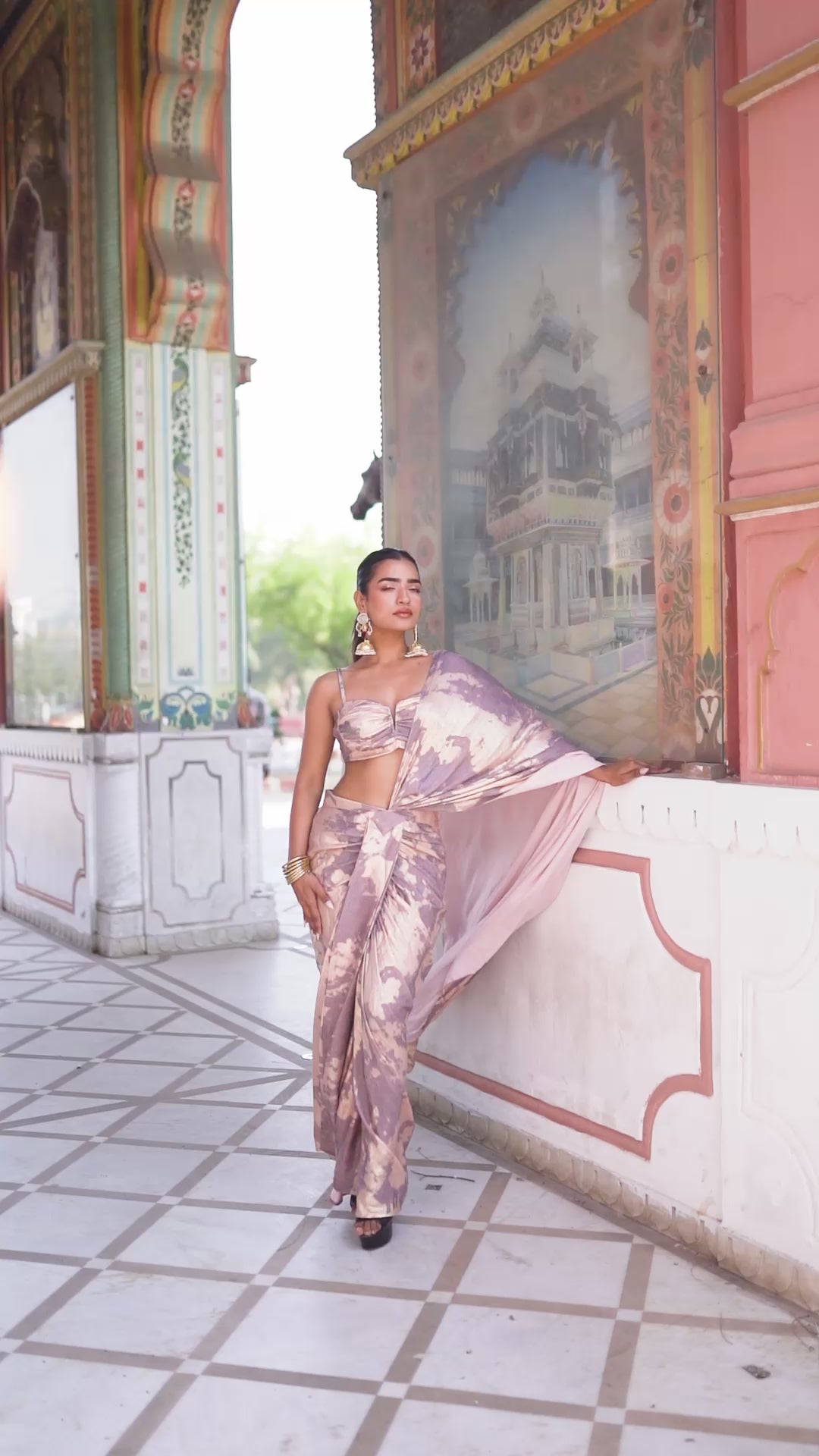 Blush & Mauve Abstract Print Draped Saree with Bustier Blouse!