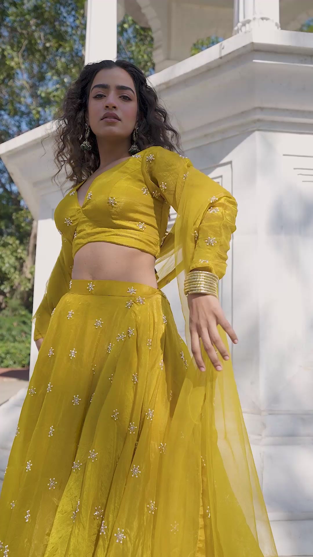 Mustard Yellow Full-Sleeve Flared Lehenga Set!