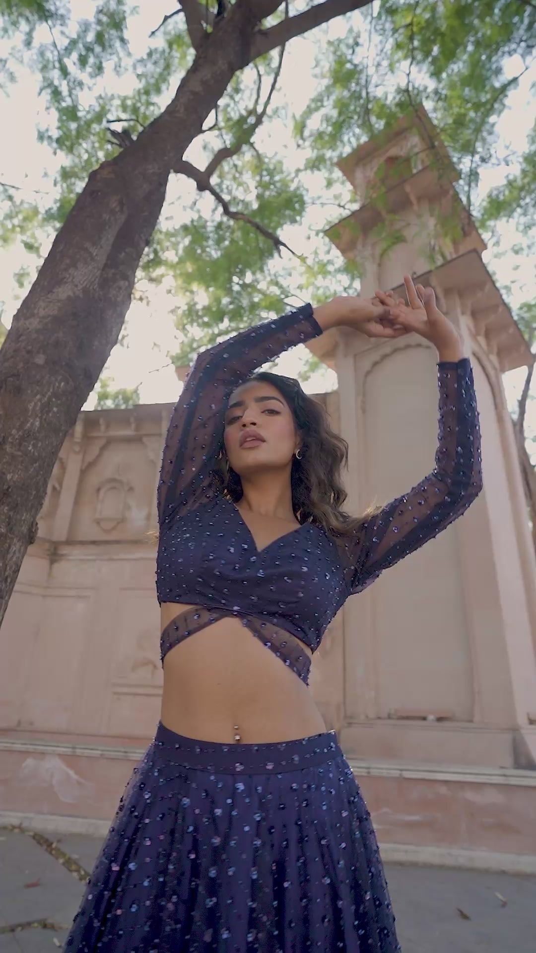 Midnight Blue Sequin Embellished Lehenga with Sheer Sleeve Blouse!