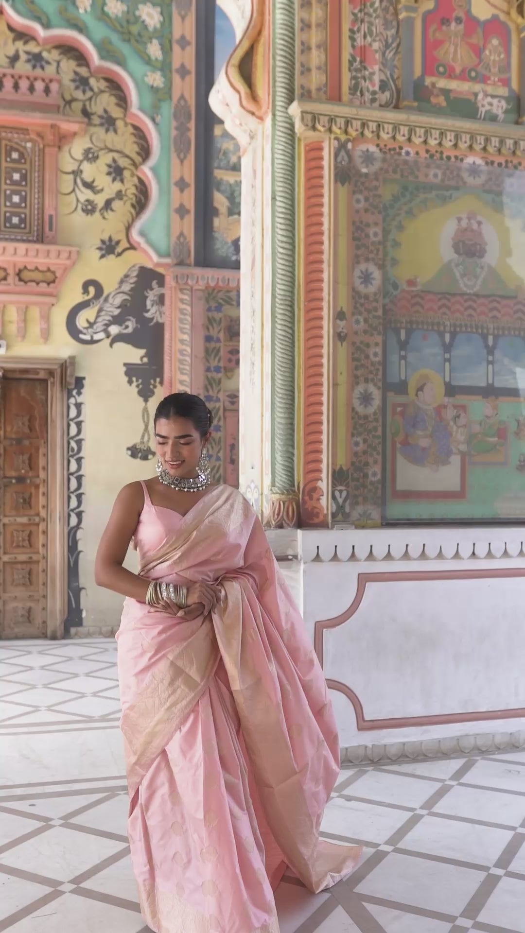 Blush Pink Banarasi Silk Saree with Gold Zari Detailing!