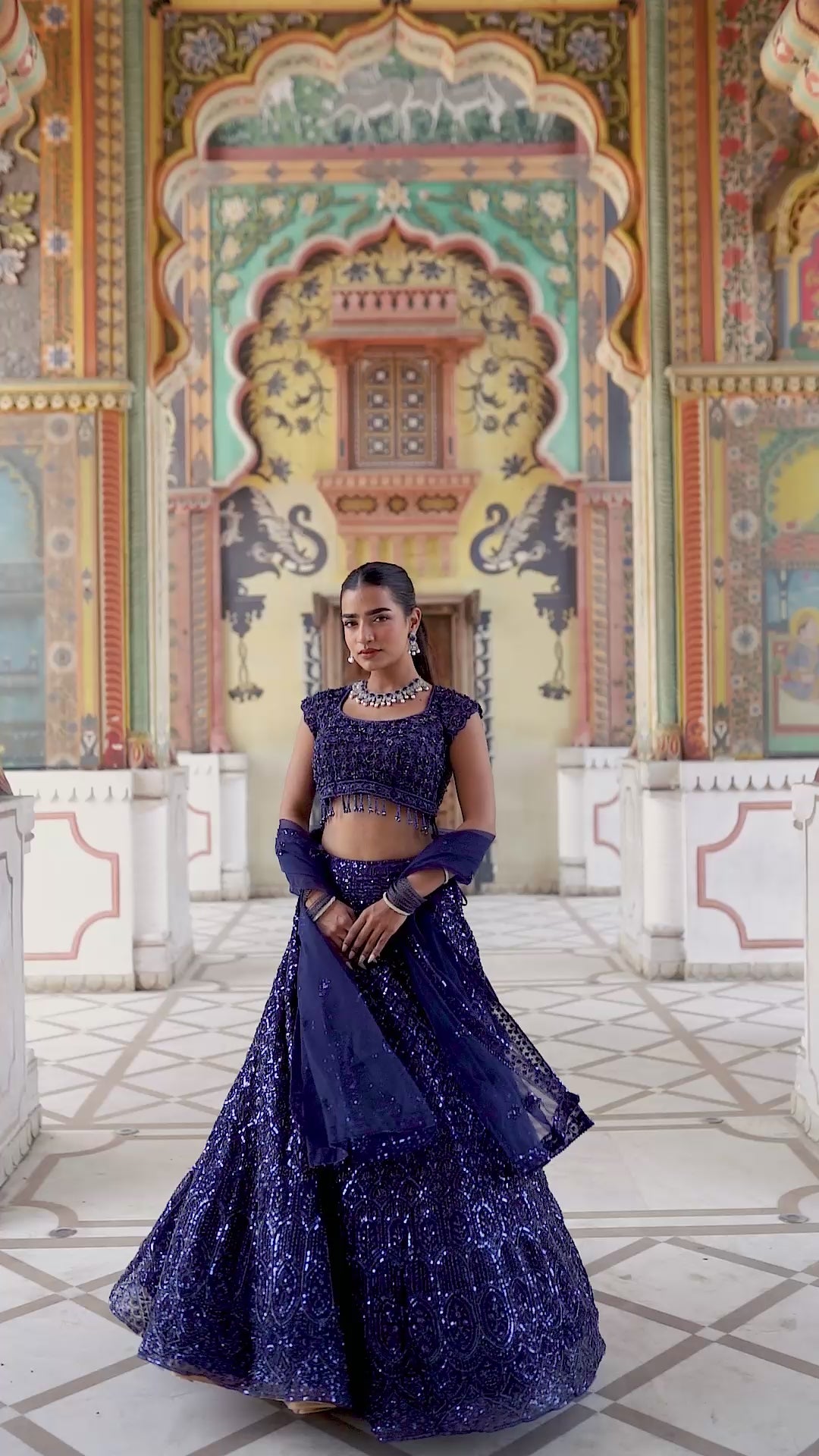 Navy Blue Sequin Embroidered Lehenga with Cap-Sleeve Blouse!