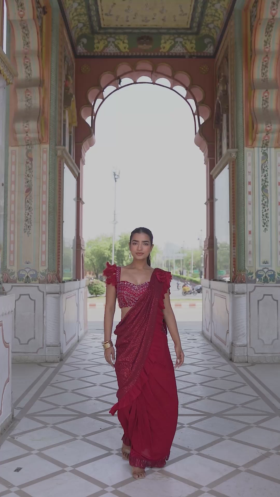 Crimson Red Ruffle Draped Saree with Feather Blouse!