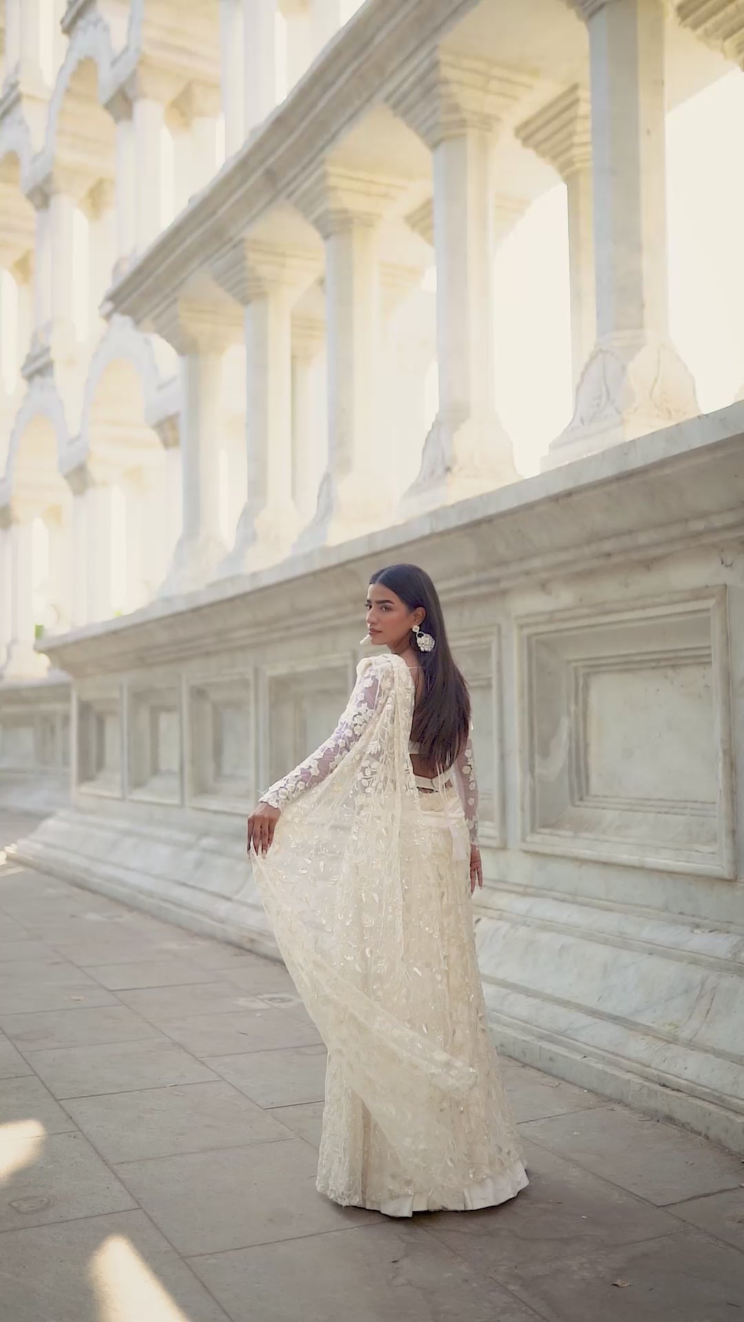 Ivory Draped Panel Silk Lehenga with Attached Pallu!