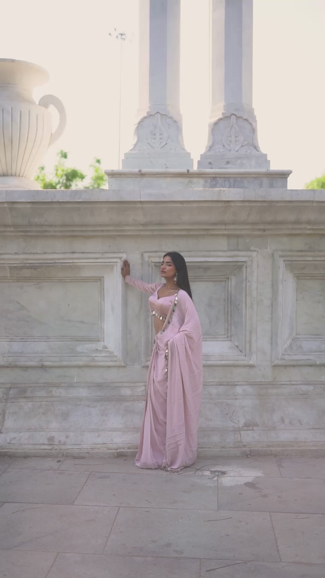Blush Pink Saree with Scalloped Sweetheart Blouse & Tassel Detailing!