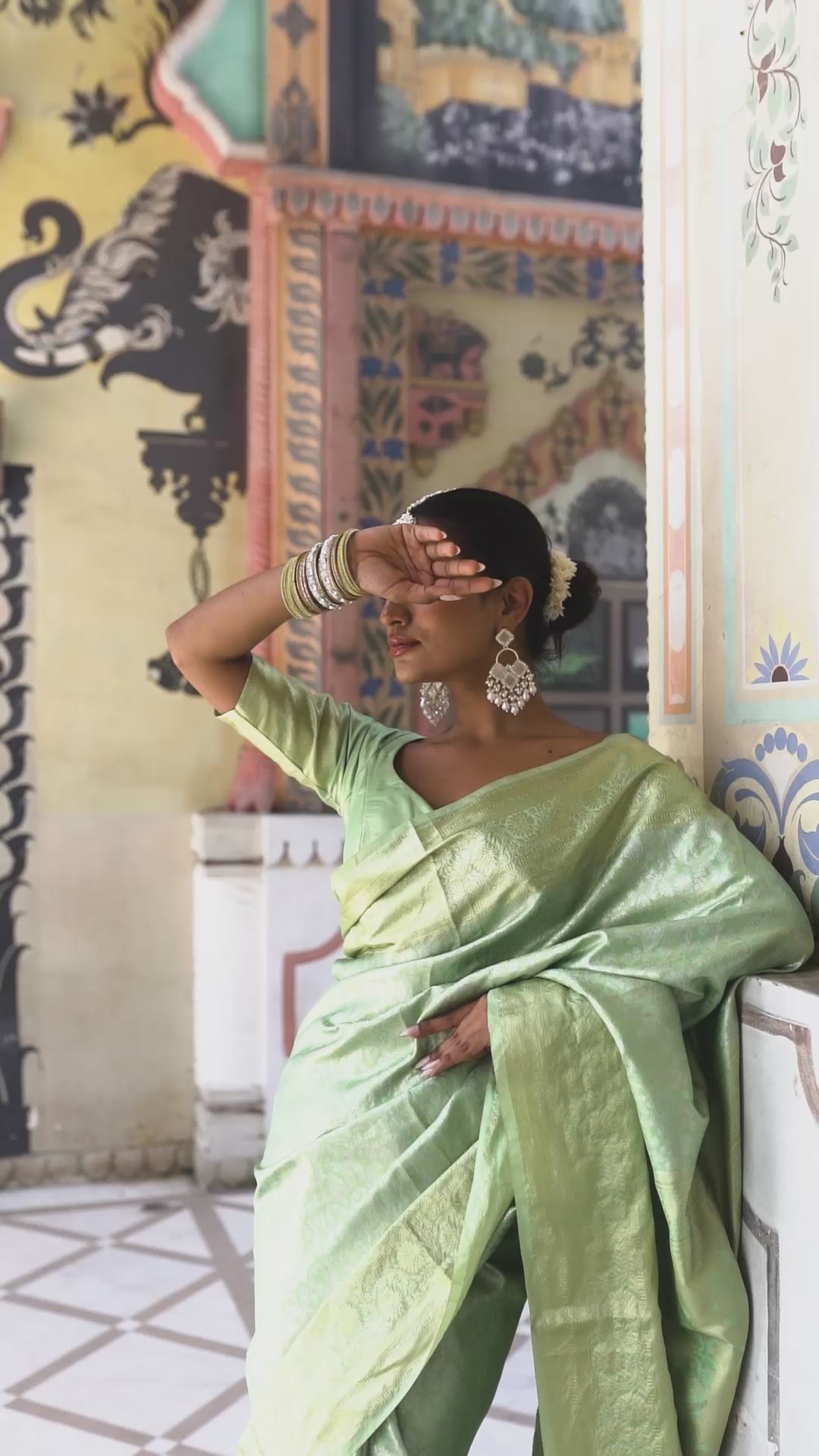 Mint Green Banarasi Silk Saree with Subtle Gold Zari Weave!