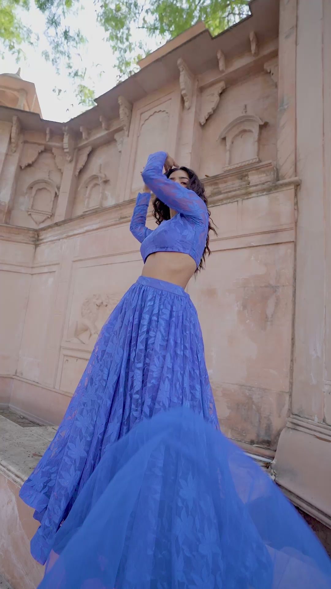 Royal Blue Sheer Floral Net Lehenga Set with Full-Sleeve Blouse!
