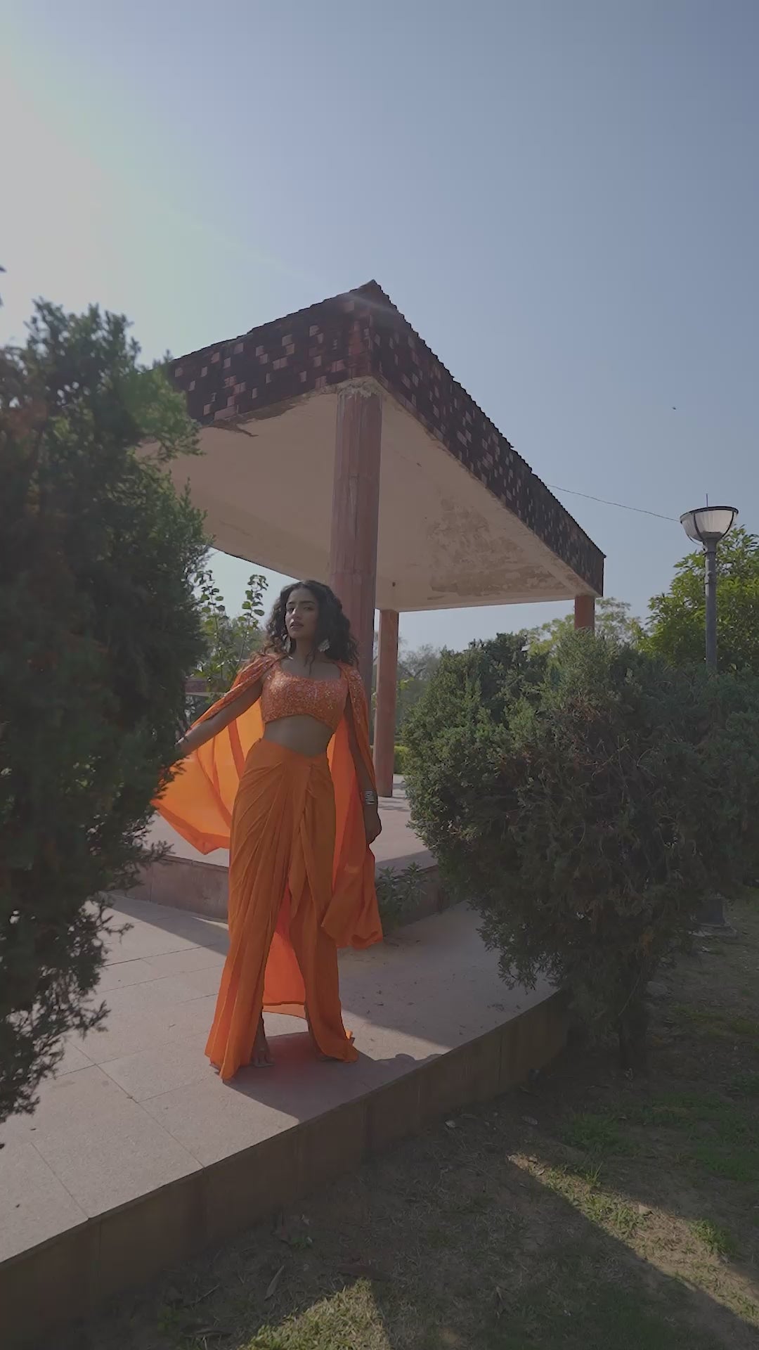 Marigold Mirage Embellished Blouse with Draped Skirt & Flowing Cape!