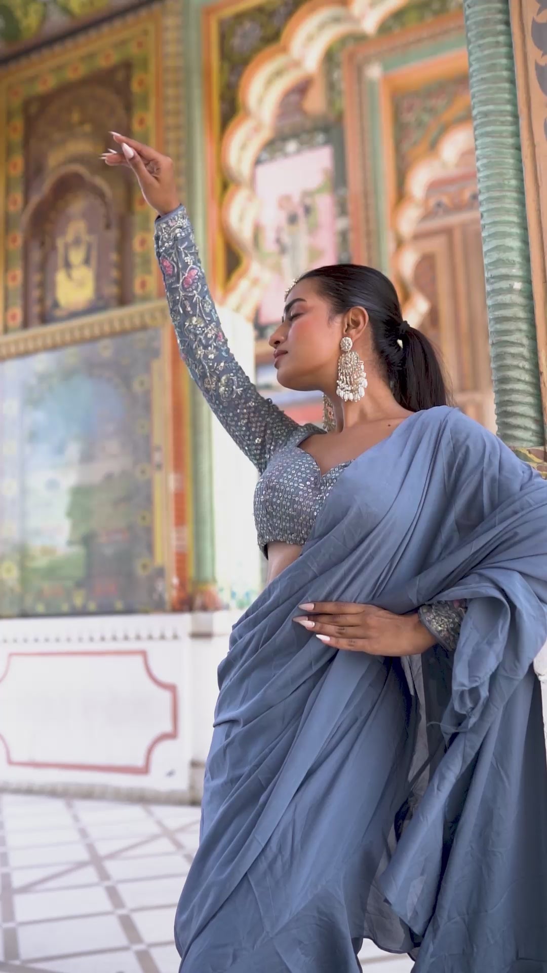 Steel Blue Frill Saree With Embellished Blouse !
