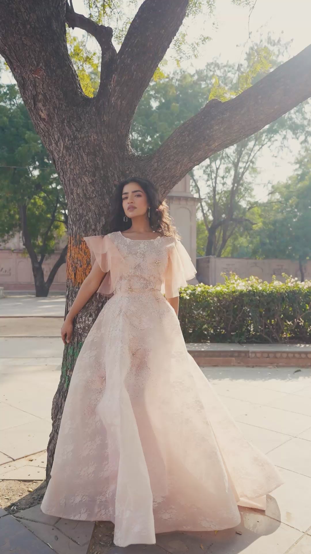 Blush Peach Layered Evening Gown with Ruffle Sleeves!