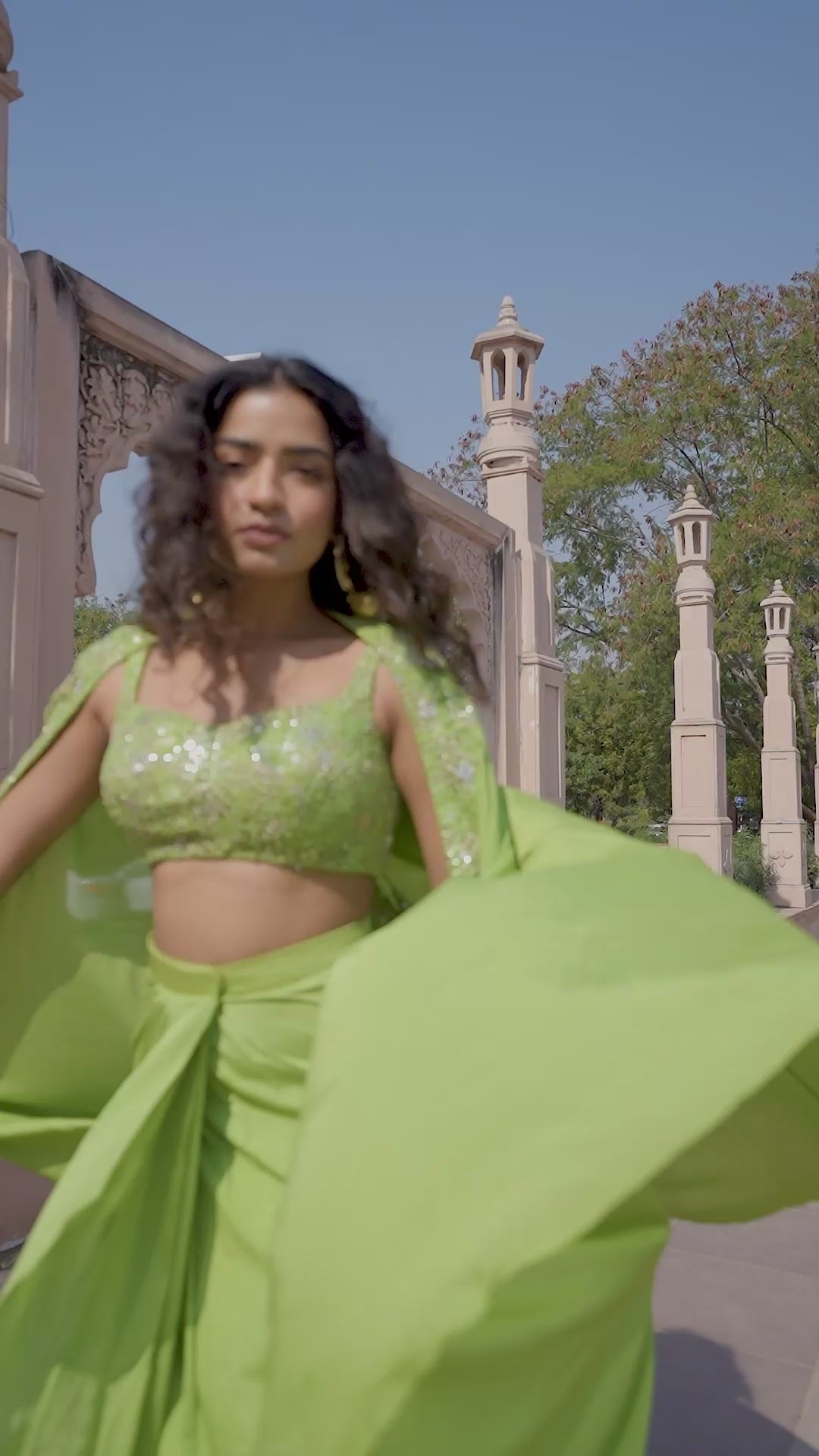 Lime Green Embellished Blouse with Draped Skirt & Flowing Cape!