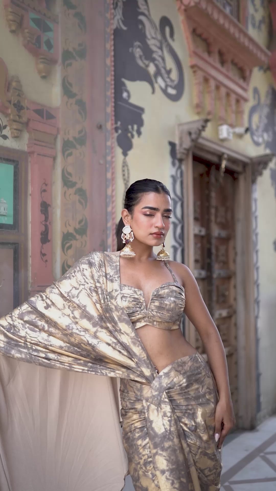 Antique Gold & Charcoal Marble Print Saree with Bustier Blouse!