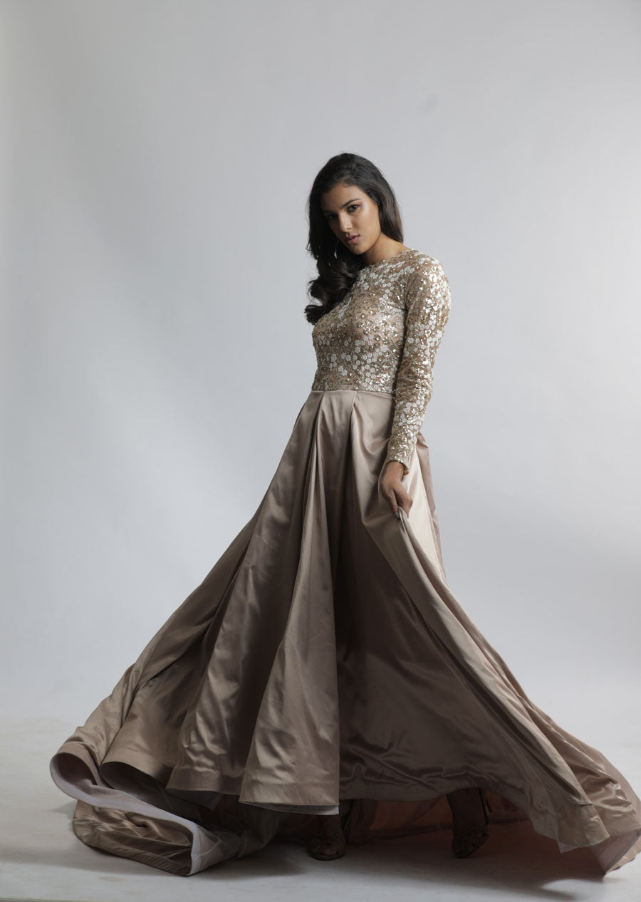 TCR Beige Gold Embellished Bodice Gown With Trail!