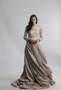 TCR Beige Gold Embellished Bodice Gown With Trail!