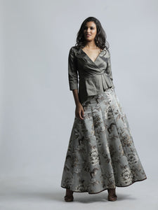 TCR Olive Asymmetrical overlap Blouse With Grey Floral A-line Lehenga!