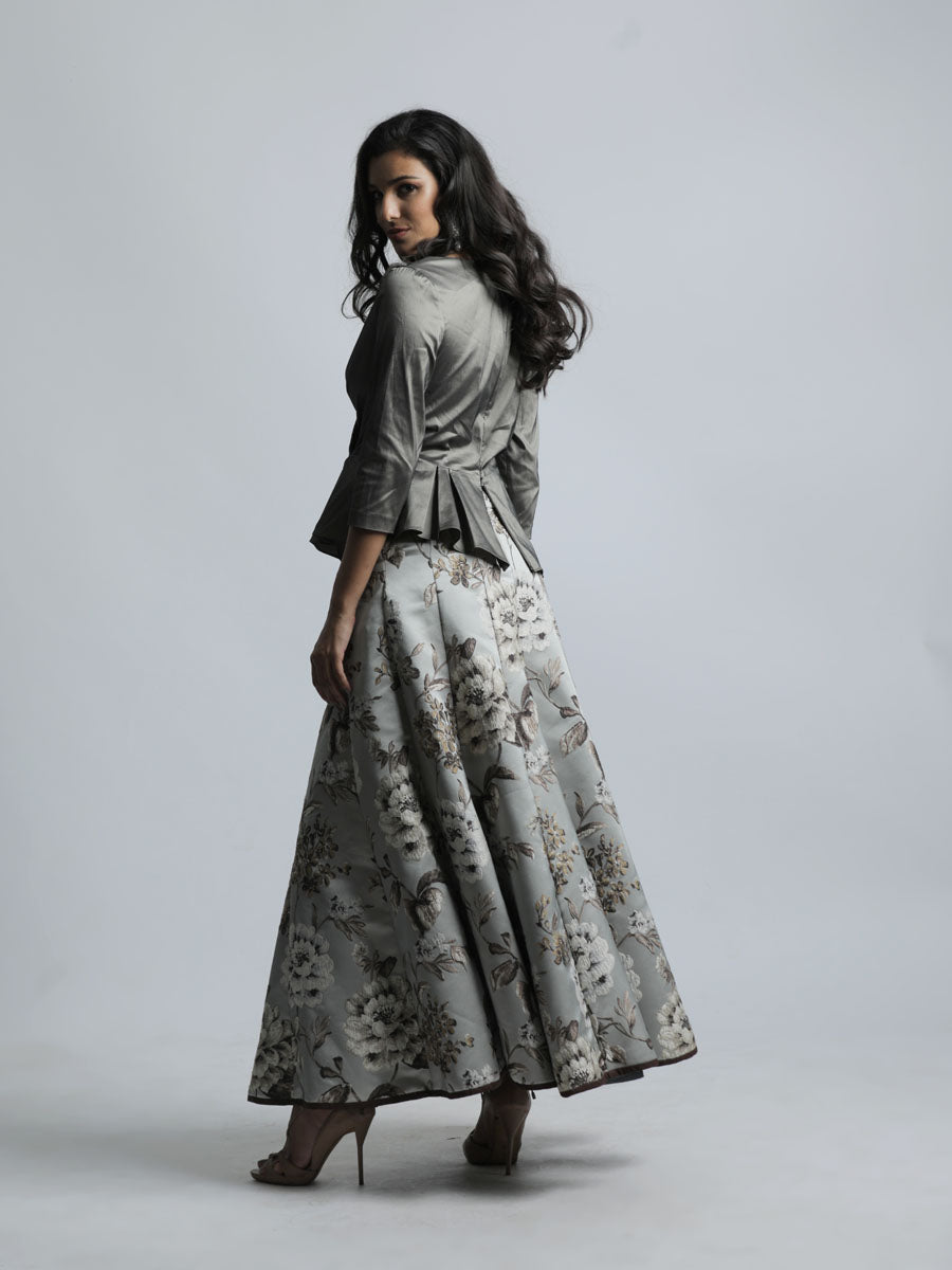 TCR Olive Asymmetrical overlap Blouse With Grey Floral A-line Lehenga!