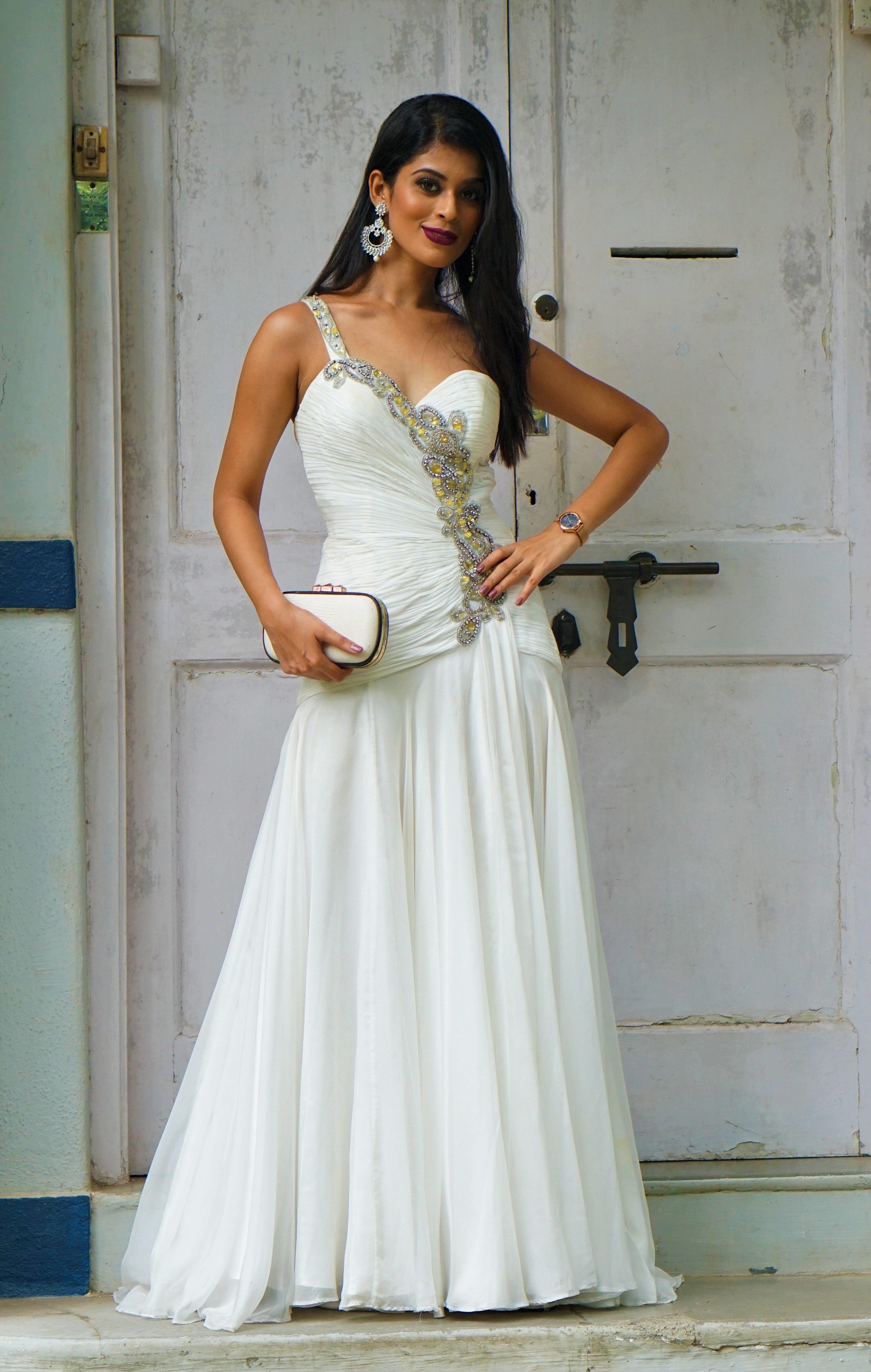 Sherry Hill White Asymmetrical Embellished One Shoulder Gown!