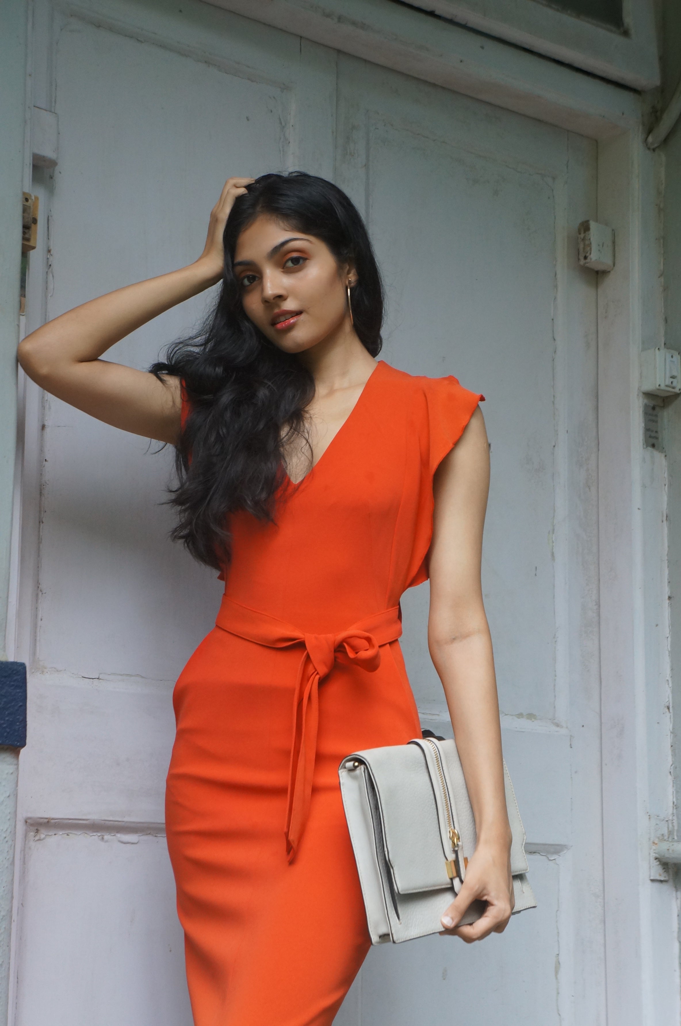 Karen Millen Orange Ruffle Sleeve Bodycon Dress! TheClothingRental Karen Millen Orange Ruffle Sleeve Bodycon Dress! TheClothingRental