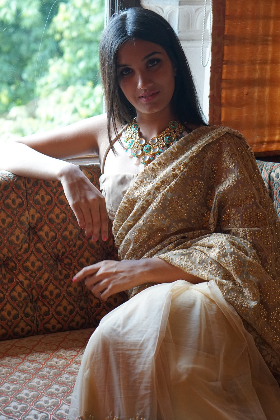 TCR Beige Net Saree With Thread Embroidery Work!