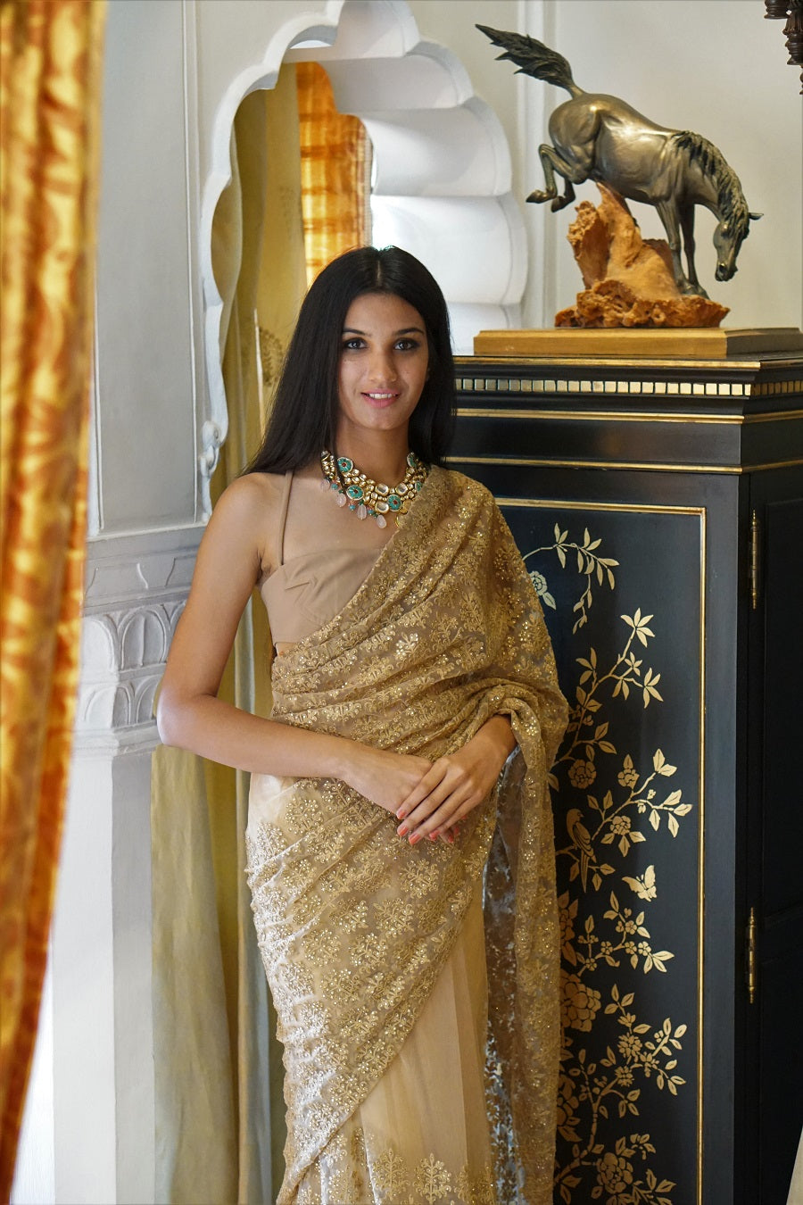TCR Beige Net Saree With Thread Embroidery Work!