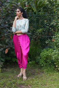 TCR Mint Foil Work Crop Top With Fuchsia Pink Dhoti!