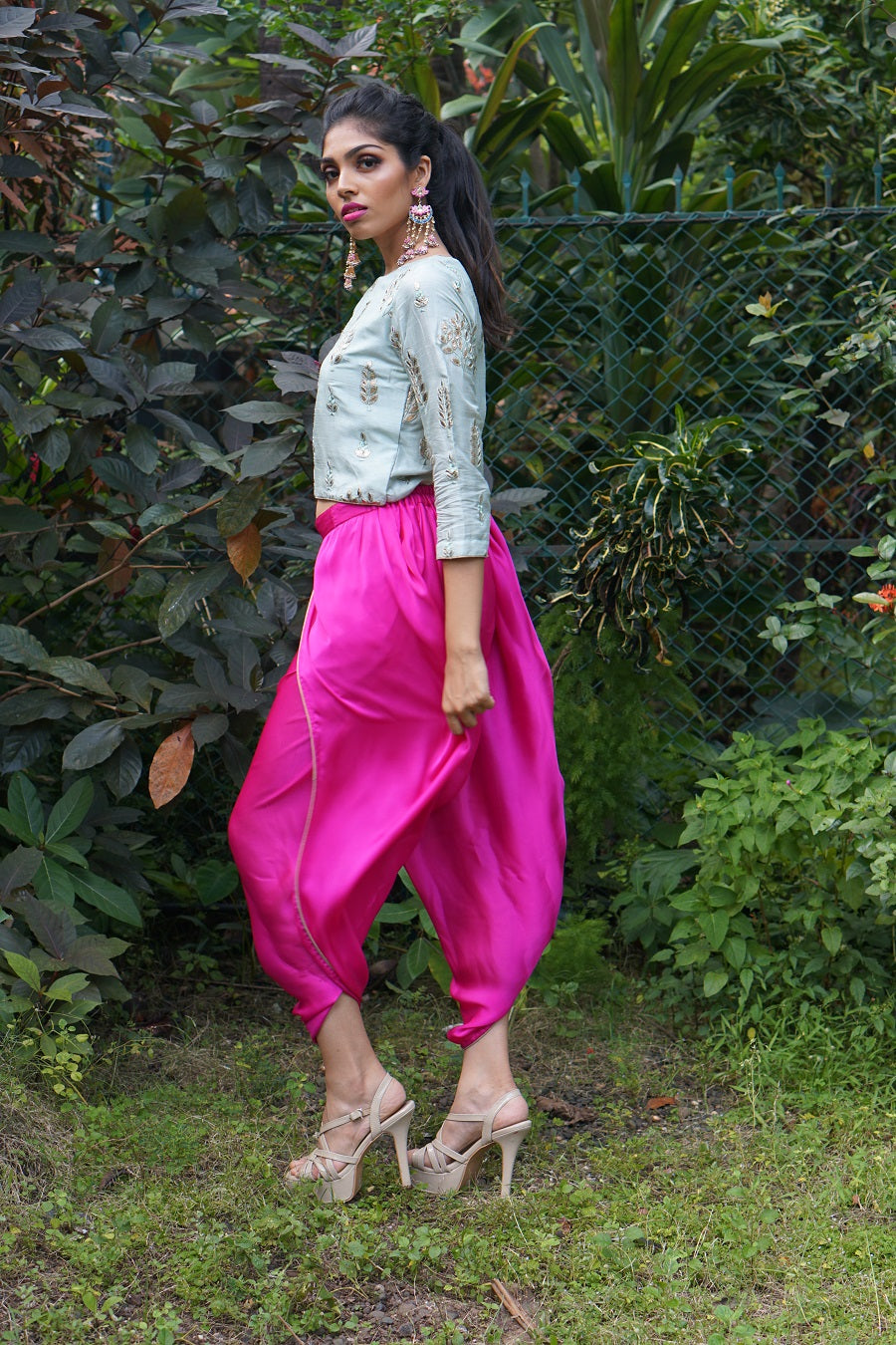 TCR Mint Foil Work Crop Top With Fuchsia Pink Dhoti!