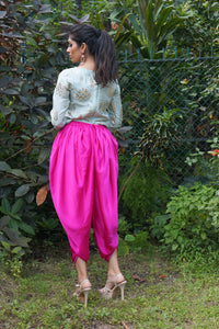 TCR Mint Foil Work Crop Top With Fuchsia Pink Dhoti!