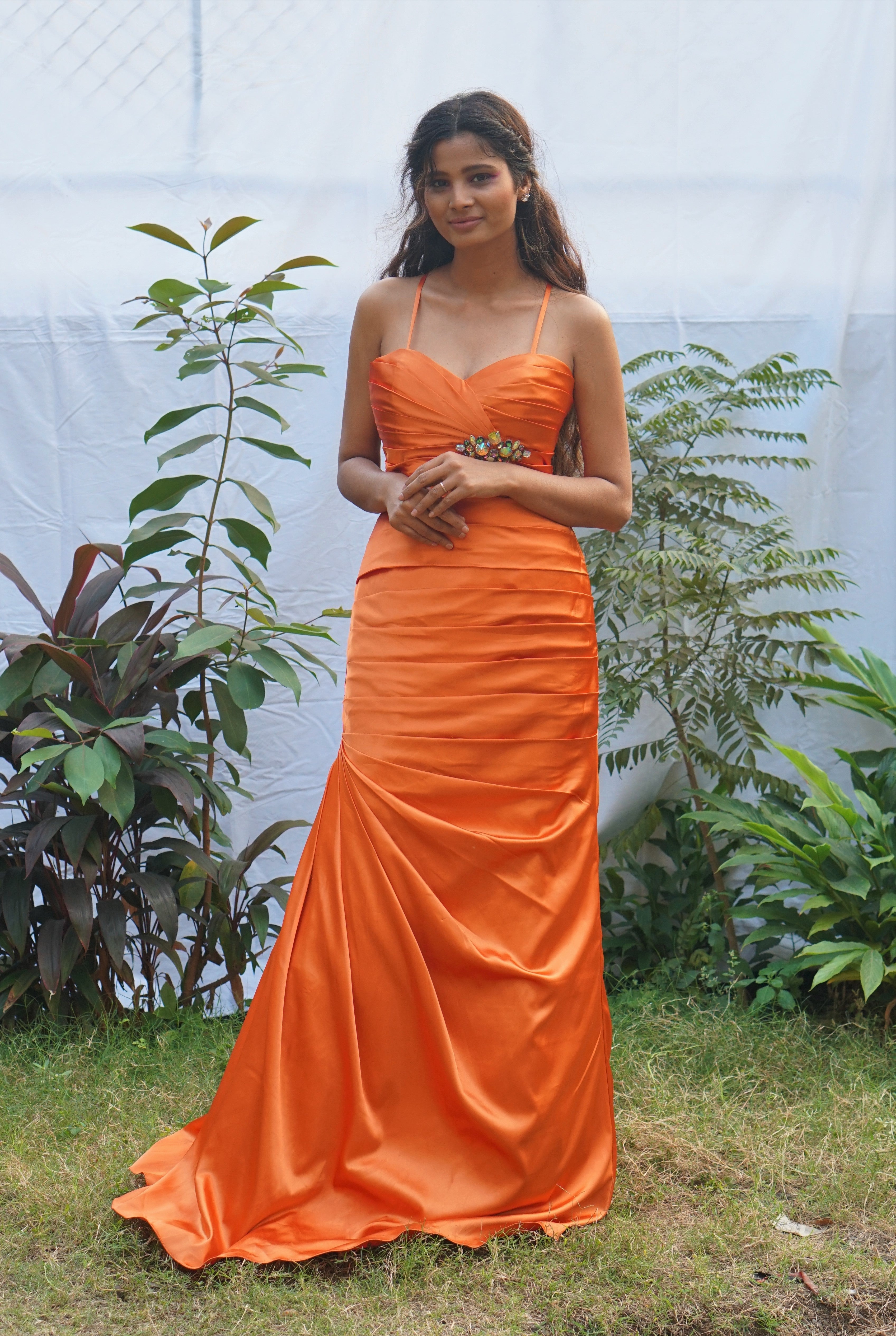 Orange & White Woven Floral Off Shoulder Flared Gown – 101 Hues