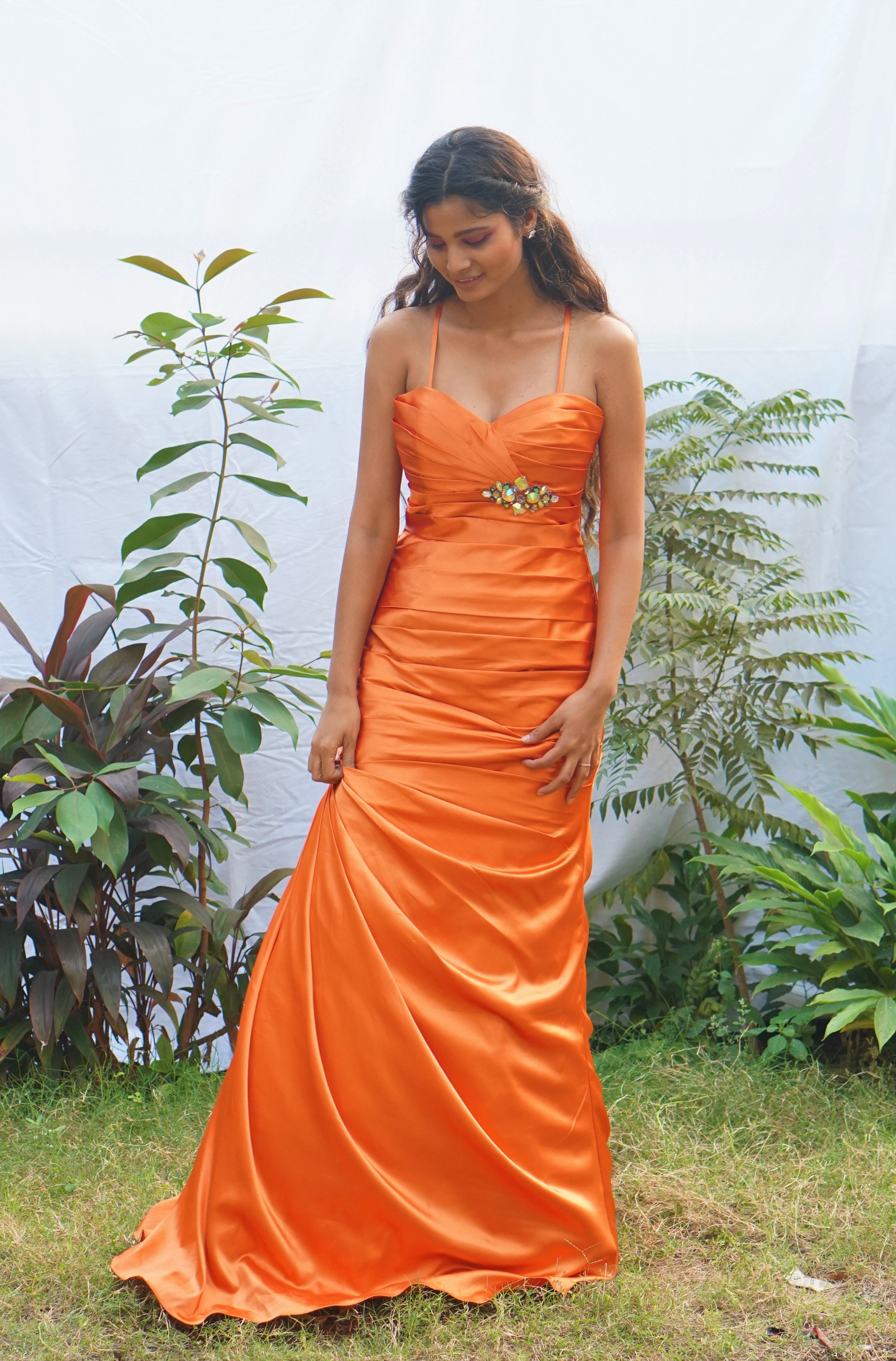 TCR Orange Stunning Mermaid Sweetheart Satin Ruched Ball Gown!