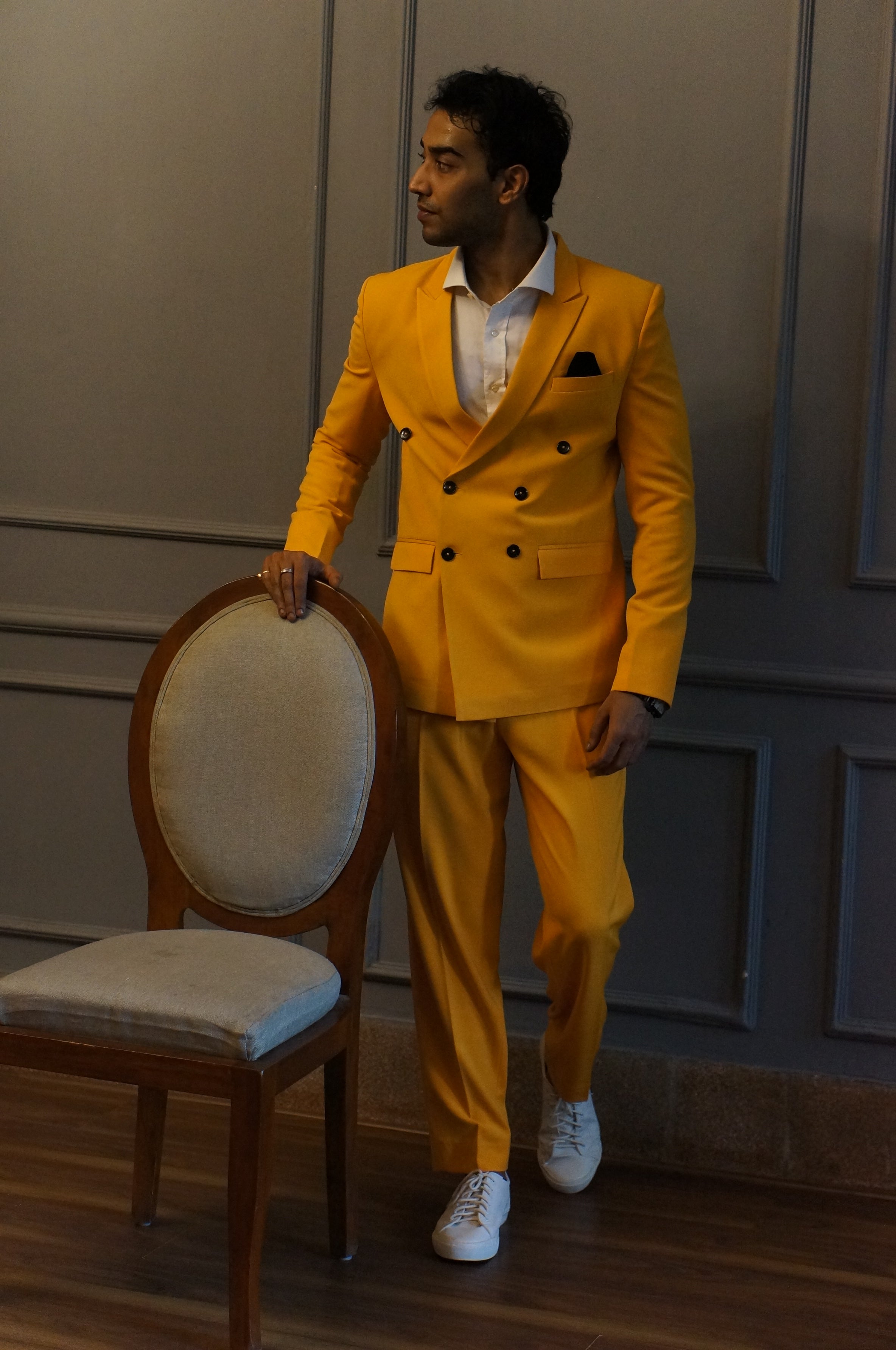 Joshua Chic Yellow Double Breasted Peaked Lapel Bespoke Men Suits |  Allaboutsuit