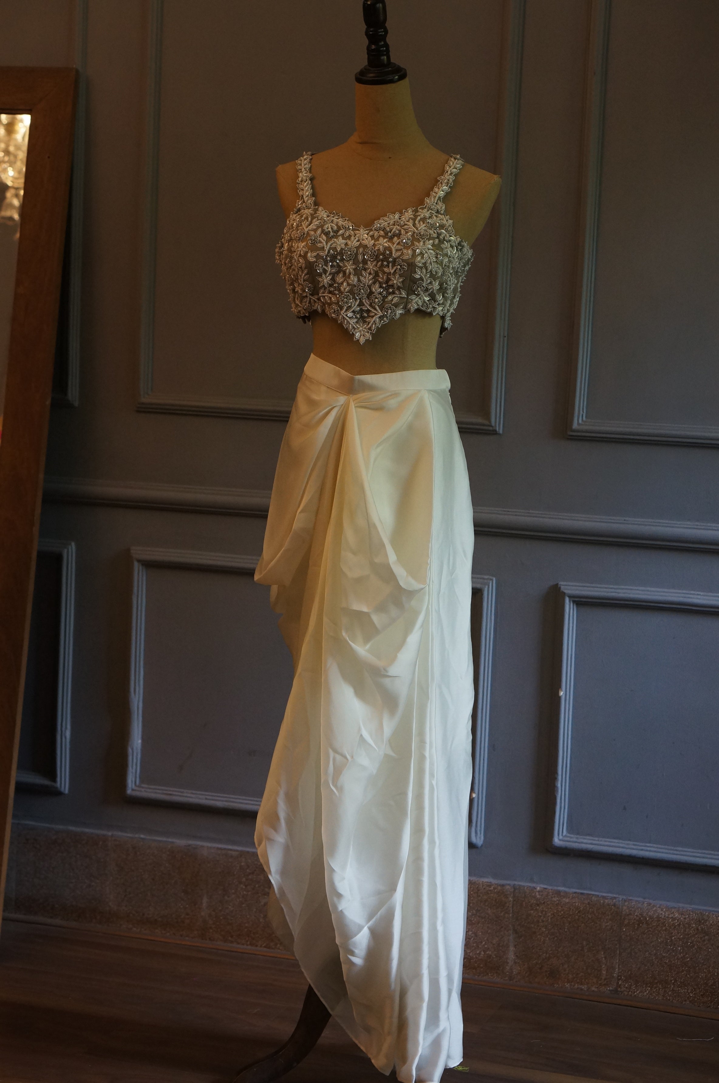 Taupe Crop Top with Ivory Silk Drape Skirt