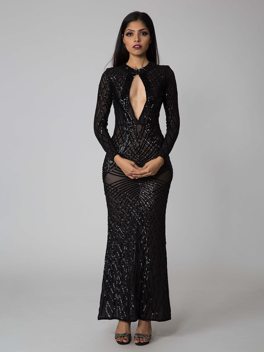 TCR Black Embellished Deep Plunge Neckline Gown! – TheClothingRental